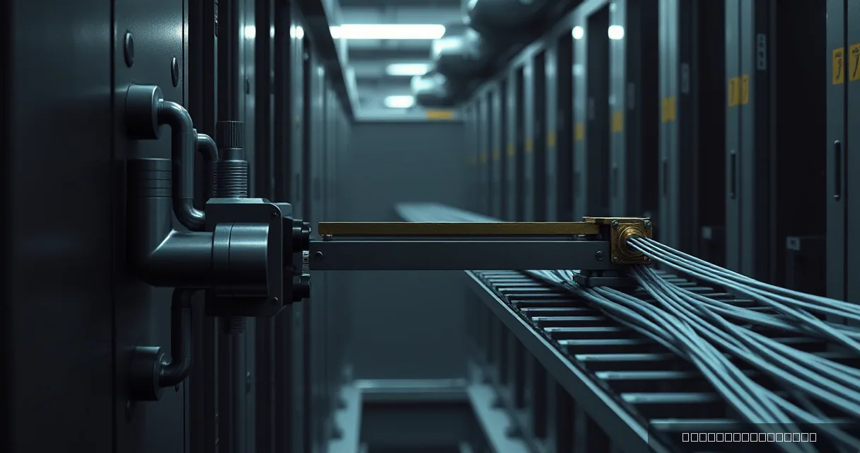 A cinematic close-up of a metallic relay mechanism connecting to a bundle of fiber optic cables in an industrial setting, symbolizing the integration of financial assets into a new digital protocol.