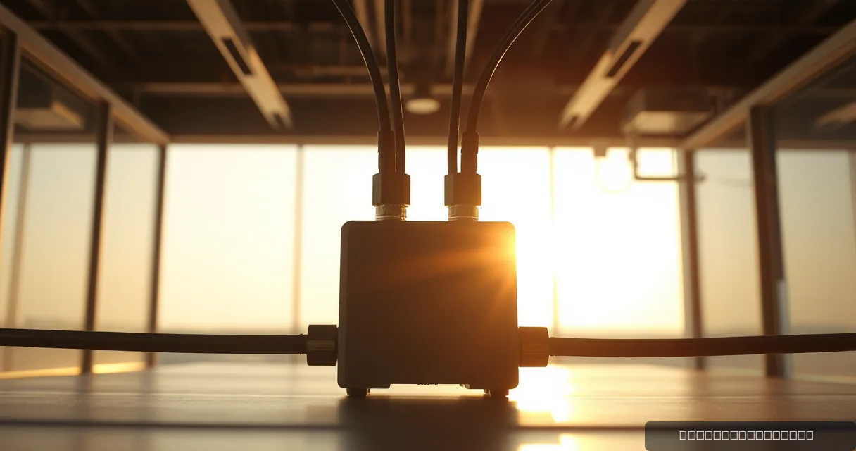 A close-up cinematic shot of a compact relay box with multiple cables connected to it, silhouetted against a bright sunset through large windows.