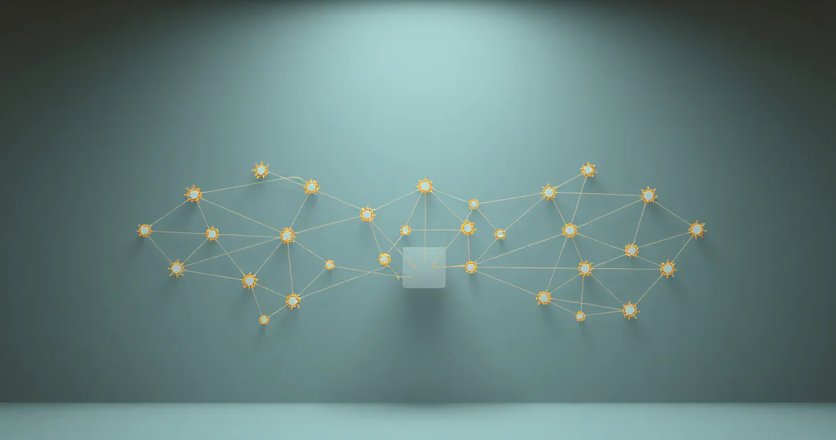 A stylized 3D render of a glowing network of amber spheres connected by thin lines across a teal-colored wall, centered around a translucent cube structure.