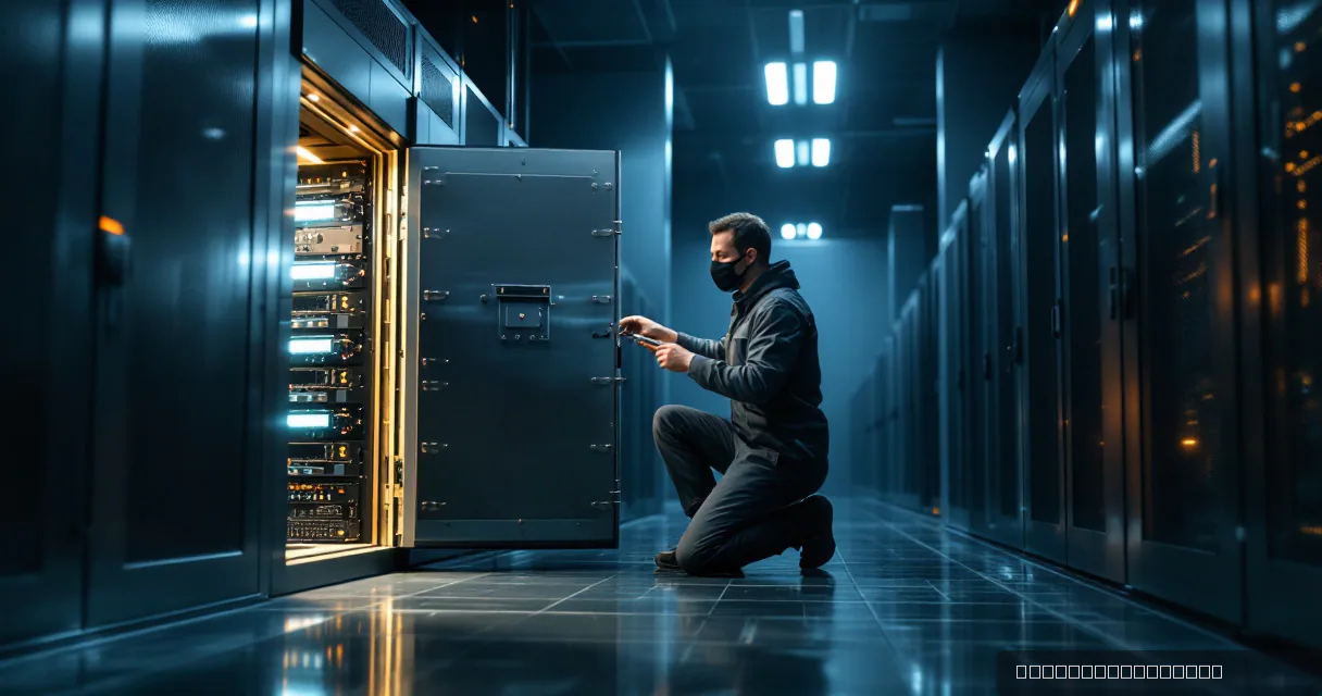 A person in dark clothing kneels before an open heavy metal vault door inside a dimly lit, futuristic data center filled with glowing server racks.