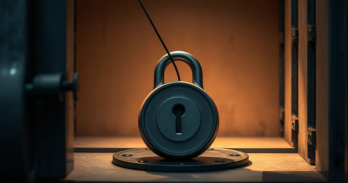 A large, industrial-style padlock with a keyhole sits on a circular metal plate at the entrance of a vault. A single dark fiber optic cable passes through the top of the lock's handle. The scene is lit with warm, atmospheric lighting against a textured stone background.