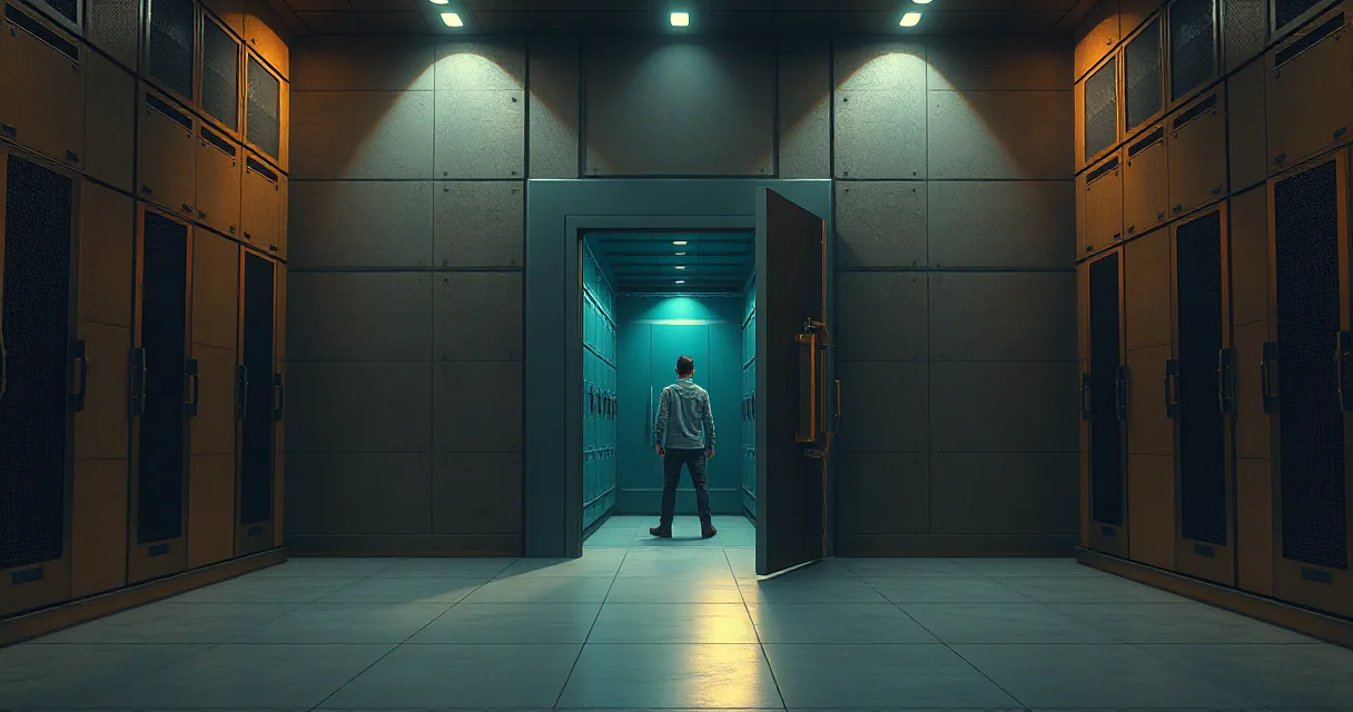 A cinematic wide shot of a high-security vault corridor where an open door reveals a person standing in a glowing cyan interior, symbolizing a breach in digital security.