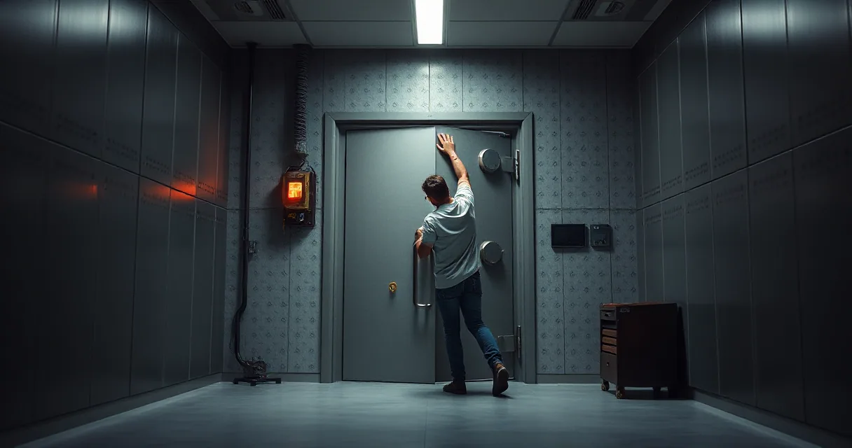 A man in casual attire stands before a heavy, industrial vault door in a dimly lit, metallic corridor, reaching out to touch the surface as if investigating or attempting to open it.