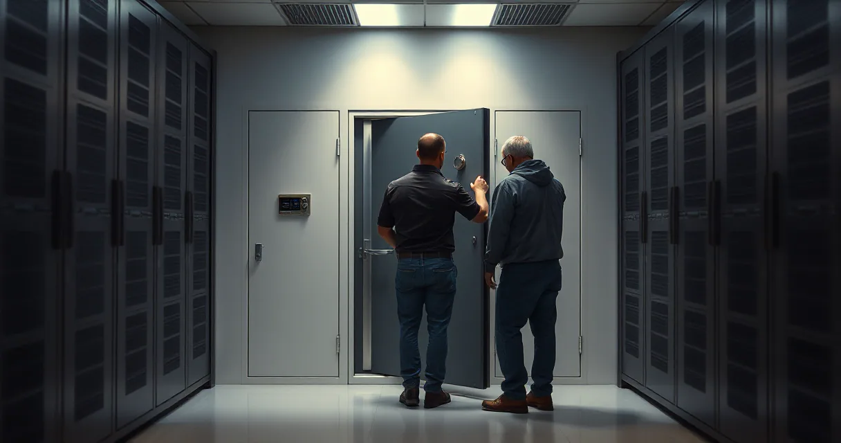 Two technicians in a dimly lit data center stand before an open heavy metal door, one reaching toward the interior as if securing or inspecting a breach. The scene is flanked by rows of server racks under dramatic overhead lighting.