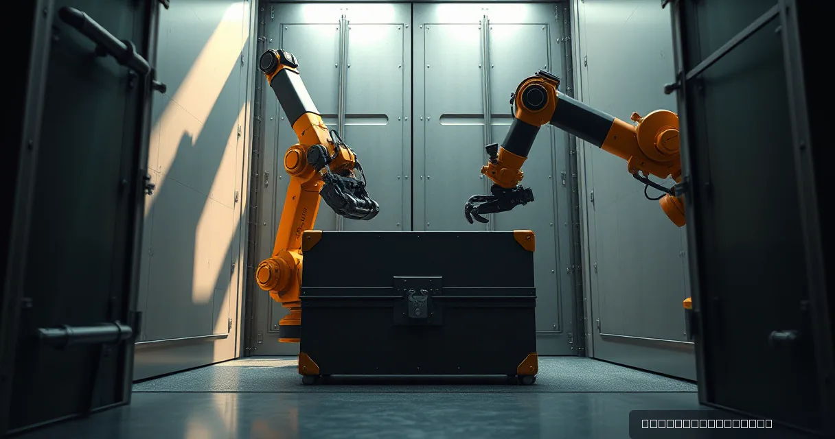 Two orange and black mechanical robot arms move a large, dark metal storage case in front of heavy vault doors in a dimly lit industrial room.