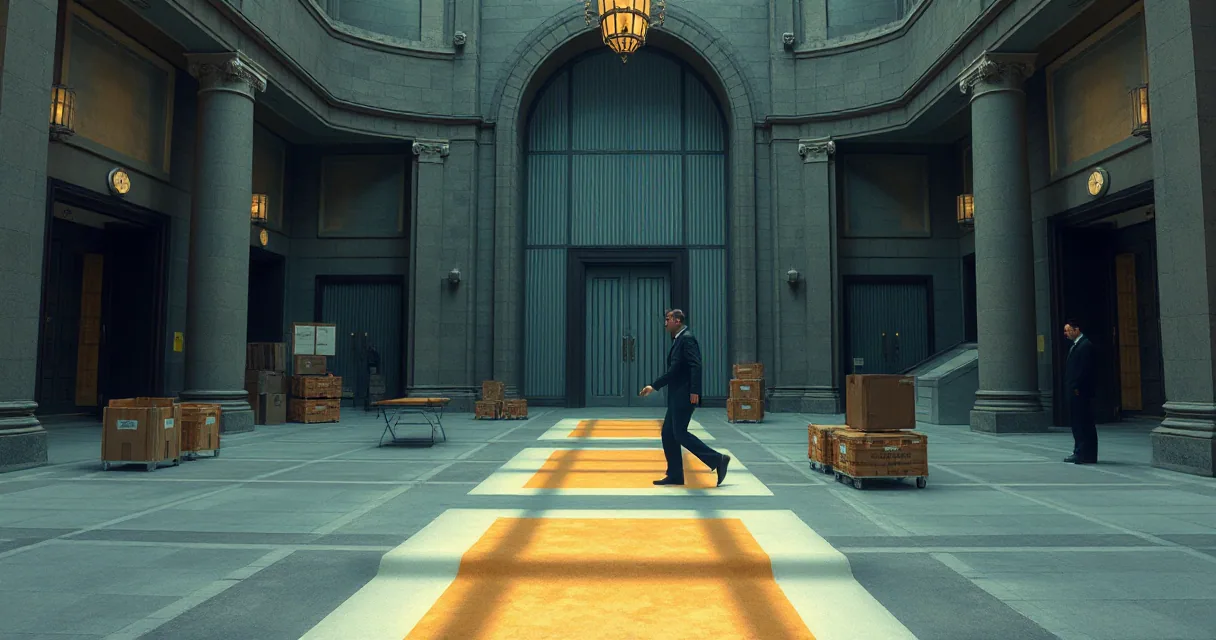 A cinematic illustration of a man in a suit walking across a glowing golden path inside a grand, vault-like hall with stone pillars and large metal doors, symbolizing the tracking of illicit crypto flows.