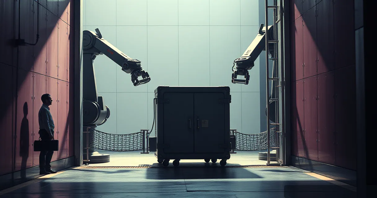 A cinematic editorial shot showing a man standing in a doorway as two large mechanical robot arms maneuver a heavy, metallic armored safe through a high-security gateway. The scene is lit with dramatic side lighting, emphasizing the contrast between human presence and industrial automation.