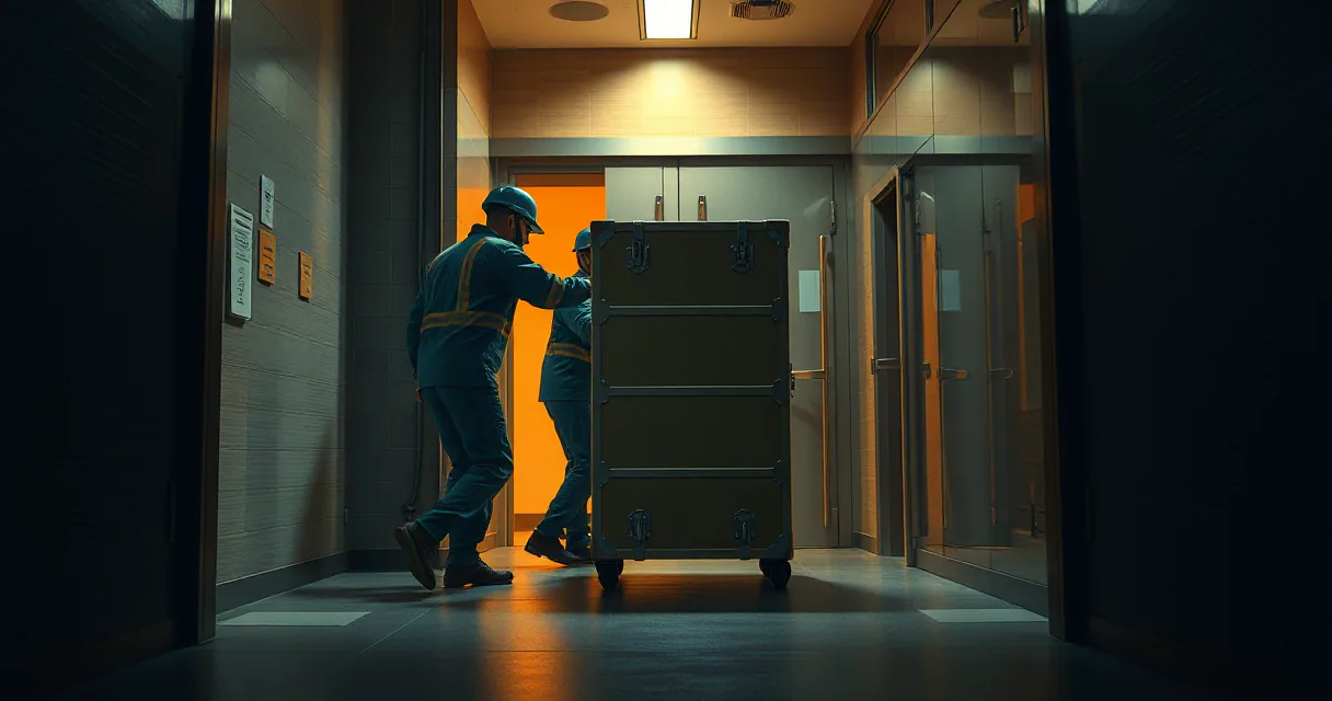 Two technicians in uniform move a large, metallic armored transport case through a secure corridor with warm overhead lighting.