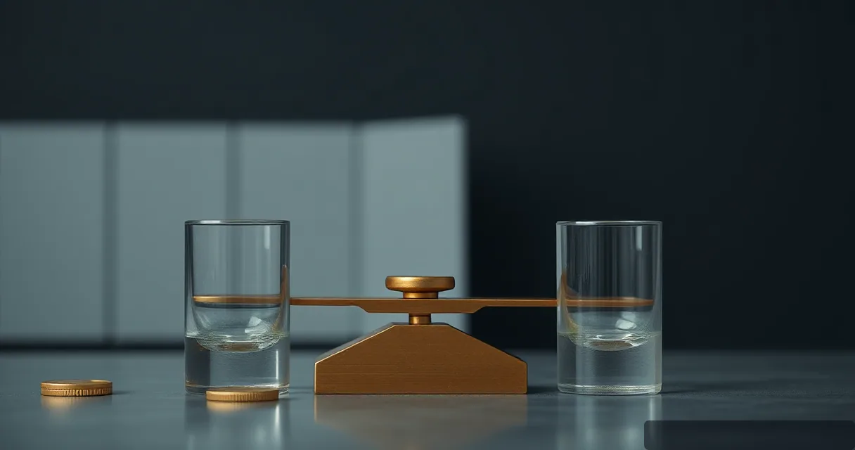 A cinematic close-up of a balanced brass beam scale positioned between two clear glass cylinders filled with water. The scene is set in a minimalist environment with soft lighting and a muted color palette of charcoal and petrol blue.