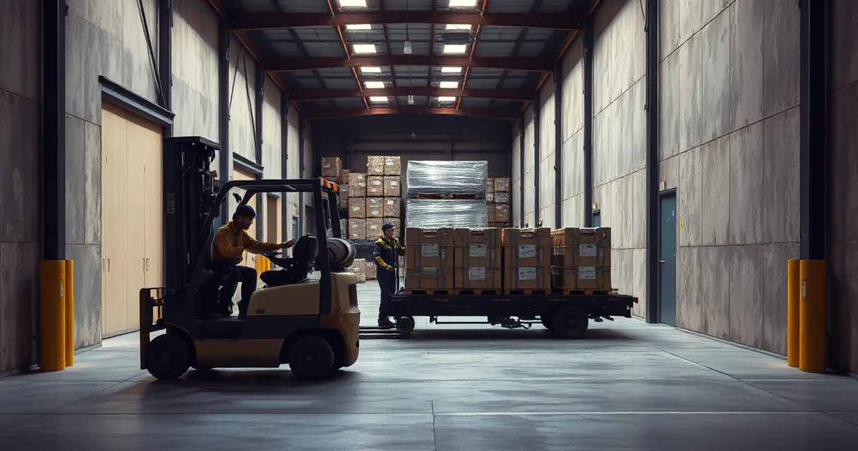 A worker on a forklift moves heavy crates onto a transport platform inside a large, dimly lit industrial warehouse with concrete walls and high ceilings.