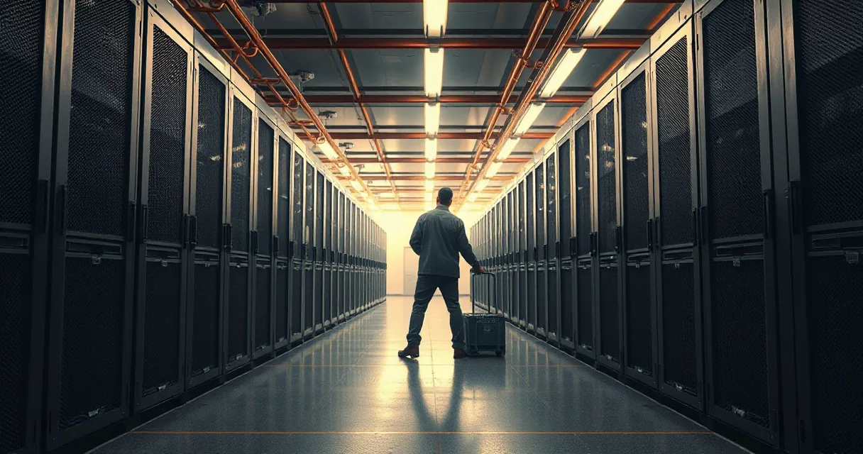 A person stands in a long hallway of server racks in a data center, illuminated by overhead lights.