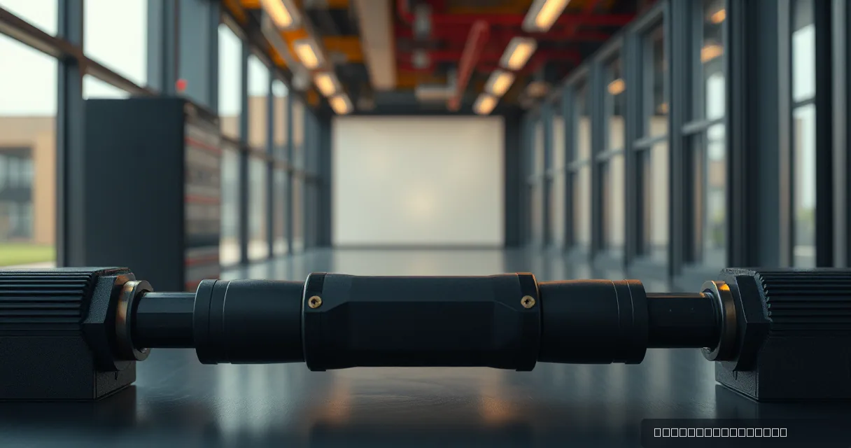 A close-up, cinematic shot of a heavy industrial relay mechanism made of brushed metal and dark matte components, connecting two large structural blocks in a long, minimalist corridor with soft late-afternoon lighting.