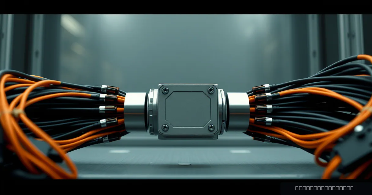 A cinematic close-up of a metallic relay hub connecting two large bundles of orange and black cables, symbolizing a complex transition in infrastructure.