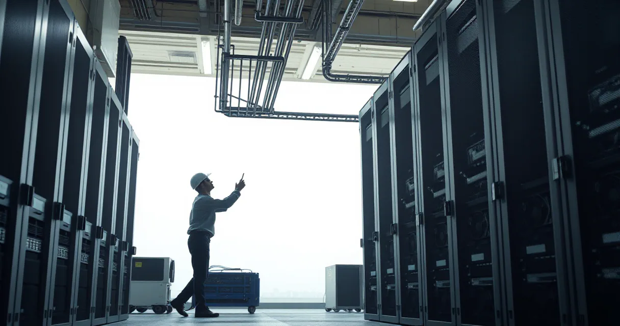 A silhouetted technician stands in a vast, dimly lit data center corridor between towering server racks, looking toward a bright opening at the end of the hall.