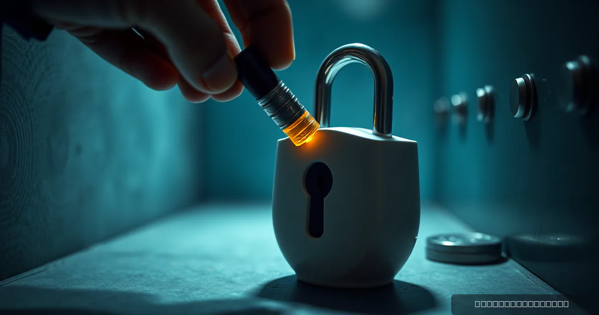 A close-up shot in a dimly lit vault setting where a hand holds a glowing amber light source near the keyhole of a large white ceramic padlock, symbolizing the securing and expansion of digital assets.