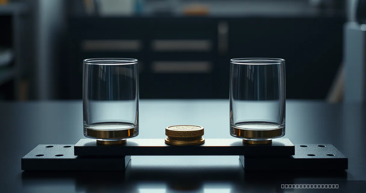 A cinematic editorial shot featuring two glass cylinders on a dark industrial beam, balanced by a central brass weight. The scene uses dramatic side lighting to highlight the textures of metal and glass against a blurred workshop background.