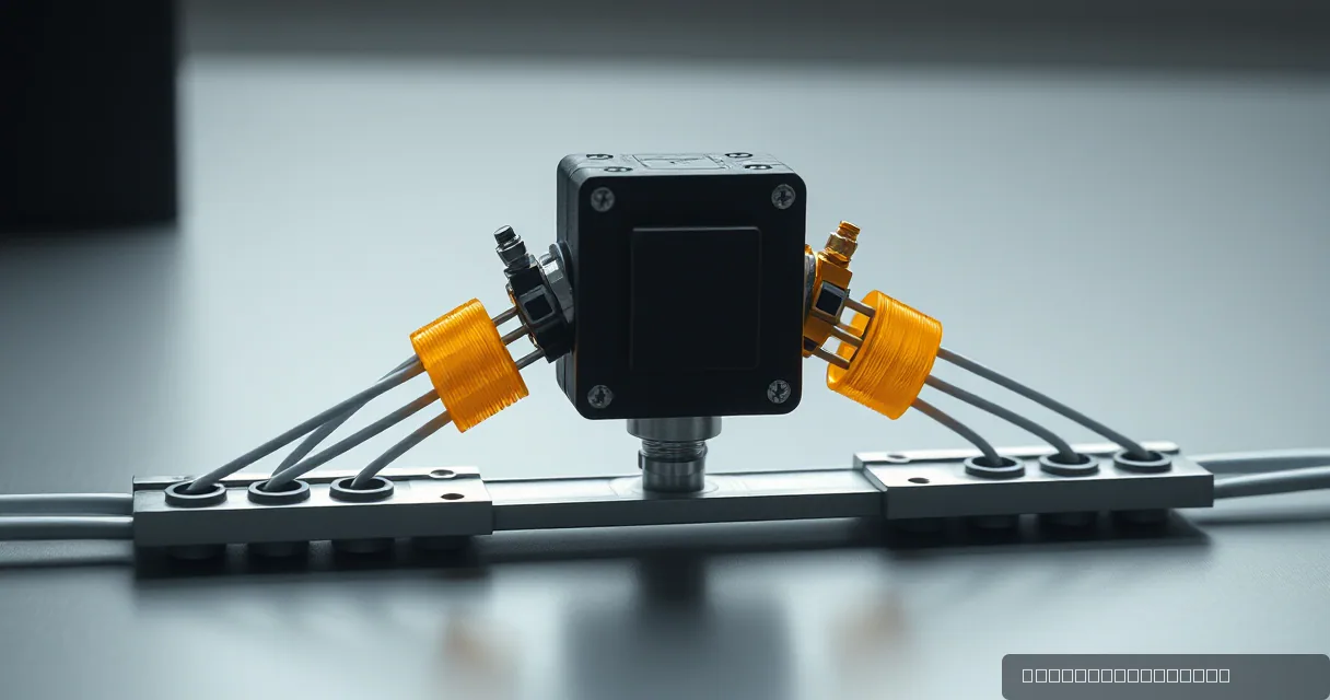 A cinematic close-up of a black industrial relay cube connected to two sets of cables with yellow protective sleeves, sitting on a brushed metal rail. The composition uses a shallow depth of field and a muted color palette with amber accents.