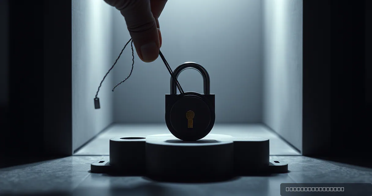 A close-up editorial shot shows a hand securing a dark fiber cable into a heavy, matte black padlock with a brass keyhole, set against a starkly lit vault entrance. The composition uses high contrast and industrial textures to symbolize security and containment.