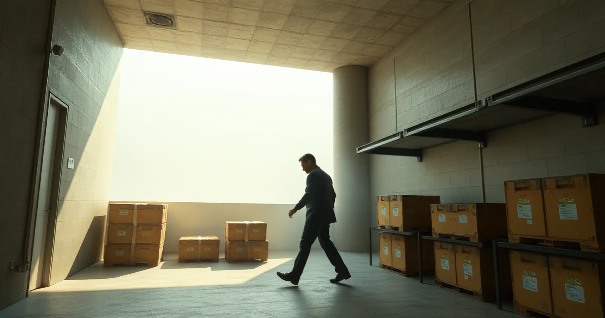 A man in a dark suit walks through a brightly lit doorway in a concrete warehouse filled with uniform boxes, symbolizing the migration of software between blockchain networks.