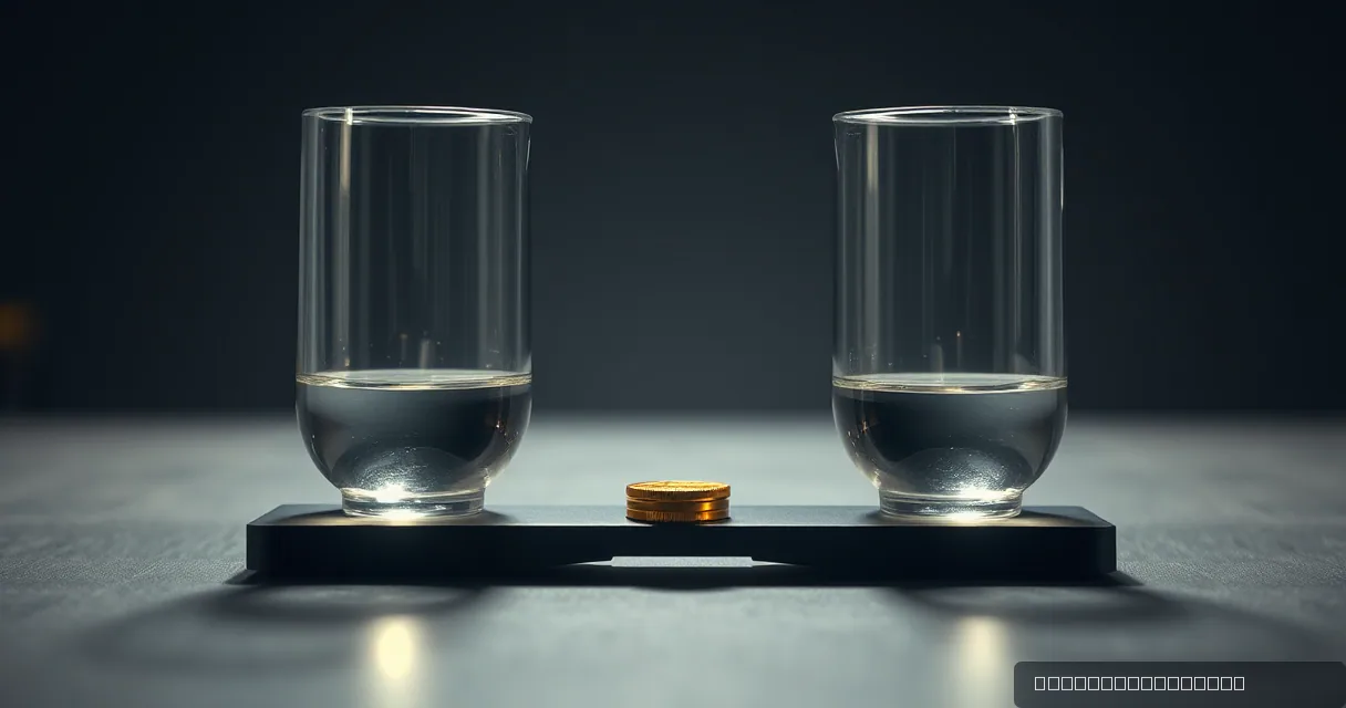 Two clear glass cylinders sit on a dark balance beam, each containing a small amount of liquid. A single gold-colored disc sits in the center of the beam, creating a sense of precarious equilibrium against a dark, minimalist background.