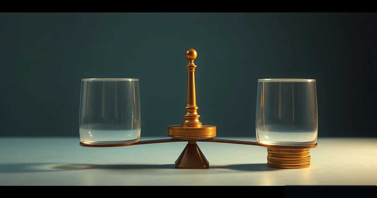 A cinematic editorial image featuring a balanced brass scale with two clear glass vessels on either side. The right vessel sits atop a stack of coins, creating a tangible sense of weight and settlement against a muted petrol blue background.