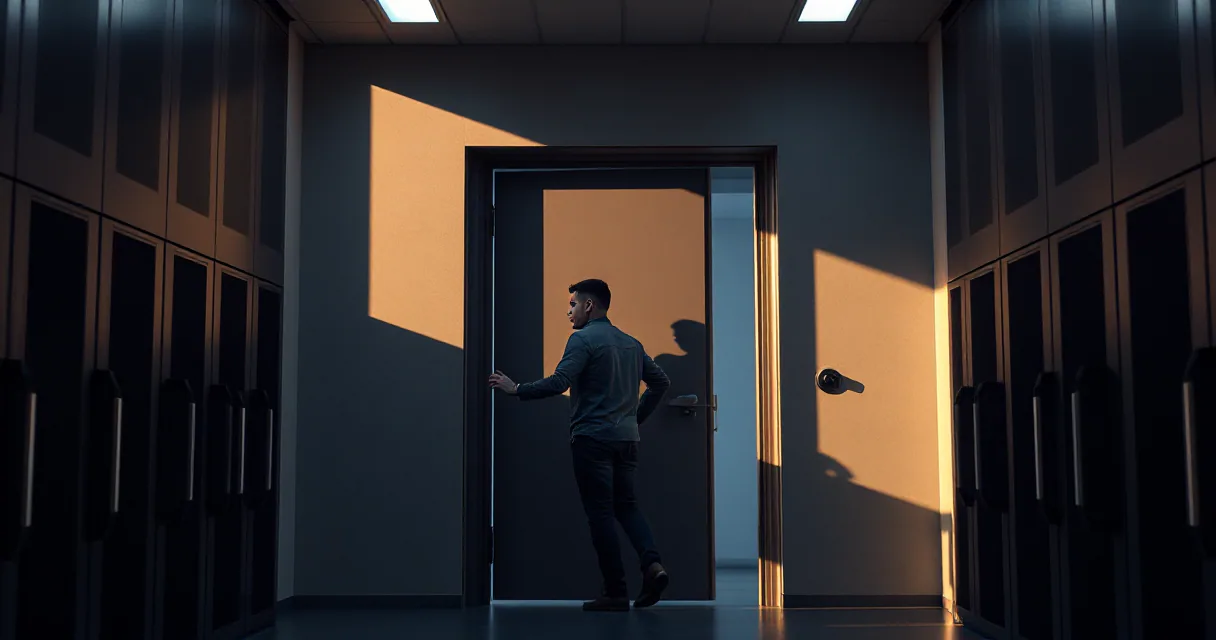 A man stands in front of an open heavy vault door inside a secure server room. The interior of the vault is bathed in warm light, contrasting with the cool shadows of the hallway, symbolizing a breach in privacy.