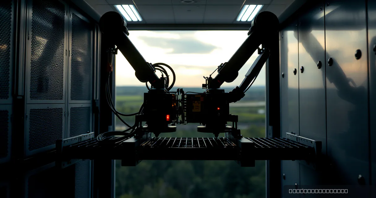 Two mechanical service arms are positioned in a dark relay cabinet, silhouetted against a distant landscape at dusk. A small amber light glows on one of the machines as they appear to connect components across a central bridge.