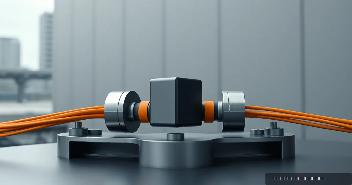 A cinematic editorial shot of a central metallic cube connected to multiple orange fiber optic cables via brushed metal couplings on a heavy industrial base, symbolizing network infrastructure expansion.