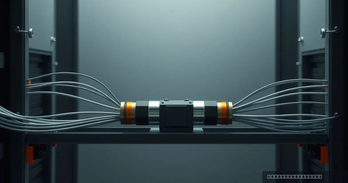 A cinematic close-up of a metallic relay device connecting two bundles of fiber optic cables. The central unit features brushed metal surfaces and amber accents, set against a minimalist industrial background with soft blue lighting.