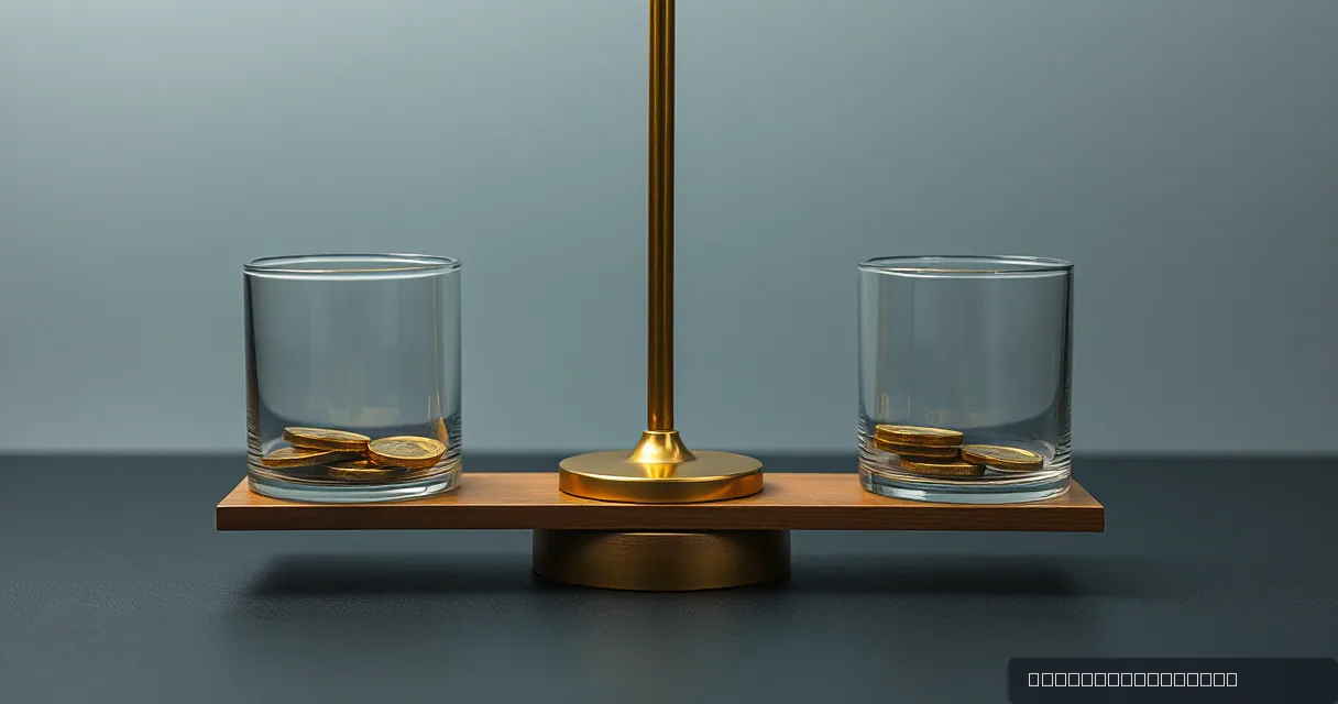A balanced brass scale holds two clear glass cylinders containing gold coins, set against a minimalist grey background.
