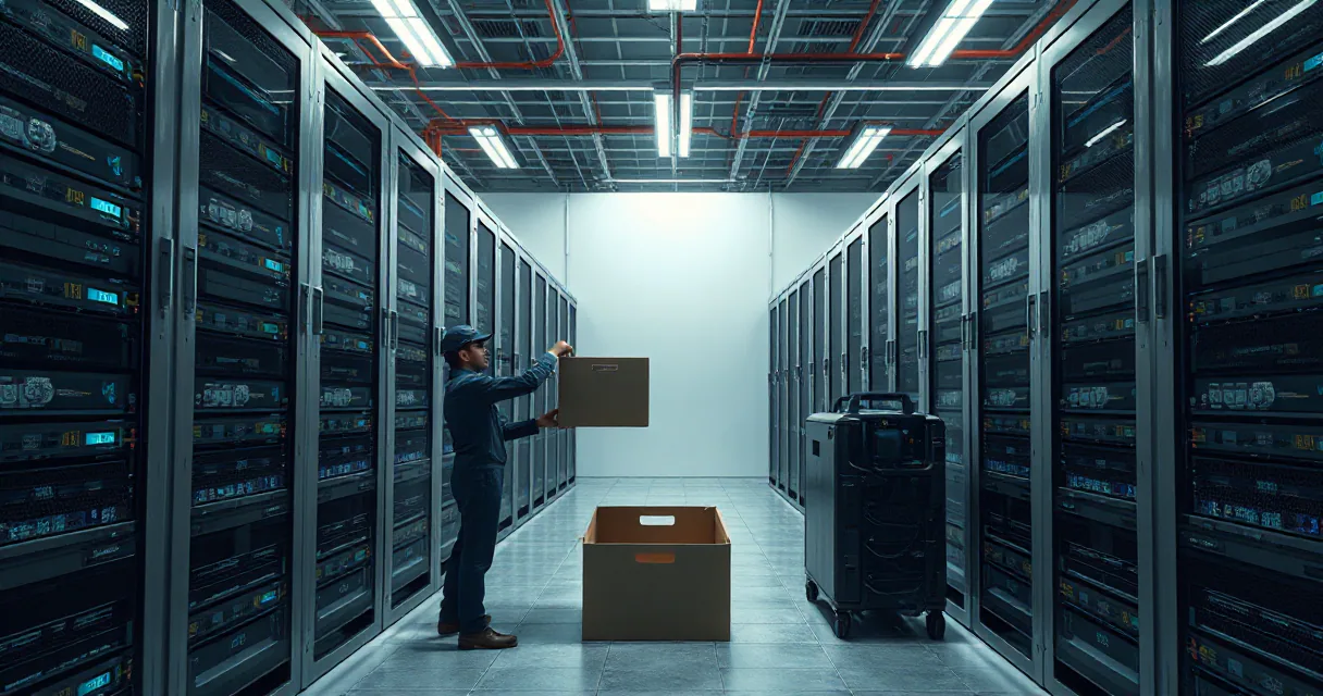 A technician in dark workwear moves a plain cardboard box between rows of servers in a modern data center with cool blue lighting.