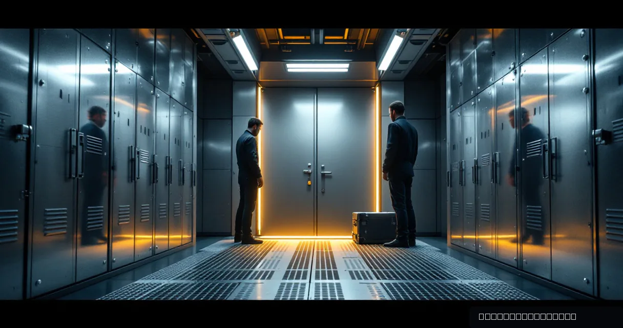 Two figures in a futuristic, metallic corridor stand before a glowing double door flanked by rows of secure lockers. One person stands near a suitcase while the other faces the center gate, illuminated by amber and cyan lights.