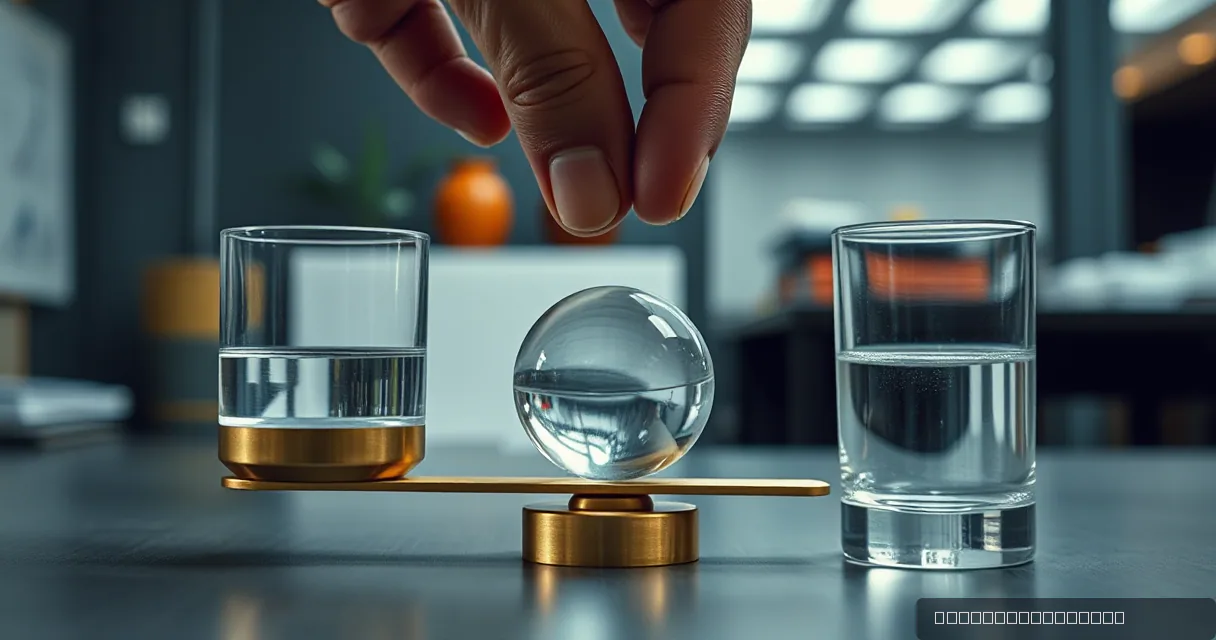 A cinematic close-up shows a balanced brass scale holding two glass vessels filled with water, with a large clear sphere in the center. A hand reaches down toward the central sphere, symbolizing the integration of automated processes into a stable infrastructure.