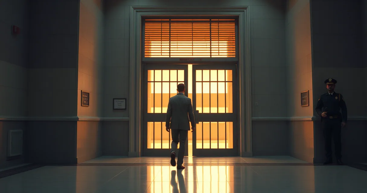 An anonymous auditor in a suit walks through an open gate glowing with amber light, while a security officer stands guard by a closed door in a minimalist hall.