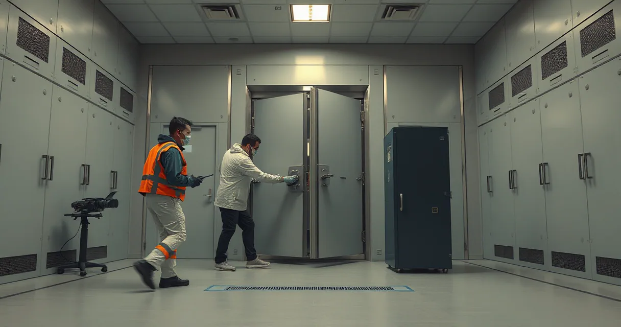 Two technicians in protective suits and masks secure a heavy vault door inside a high-security data center corridor filled with server cabinets.