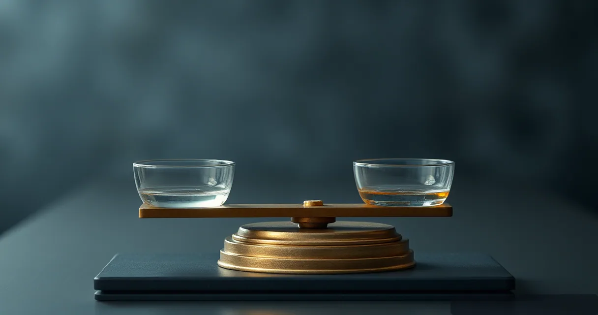 A cinematic close-up of a balanced brass scale on a dark surface. Two clear glass bowls sit on the ends of the beam; one contains a clear liquid and the other a golden-hued liquid, symbolizing the balance between supply and demand in the cryptocurrency market.