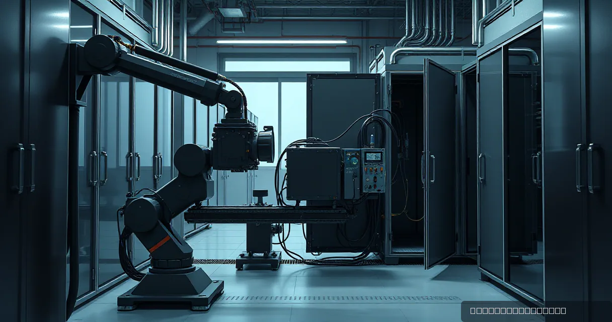 A large industrial robotic arm in a high-tech facility interacts with complex machinery and metal cabinets under cool lighting.
