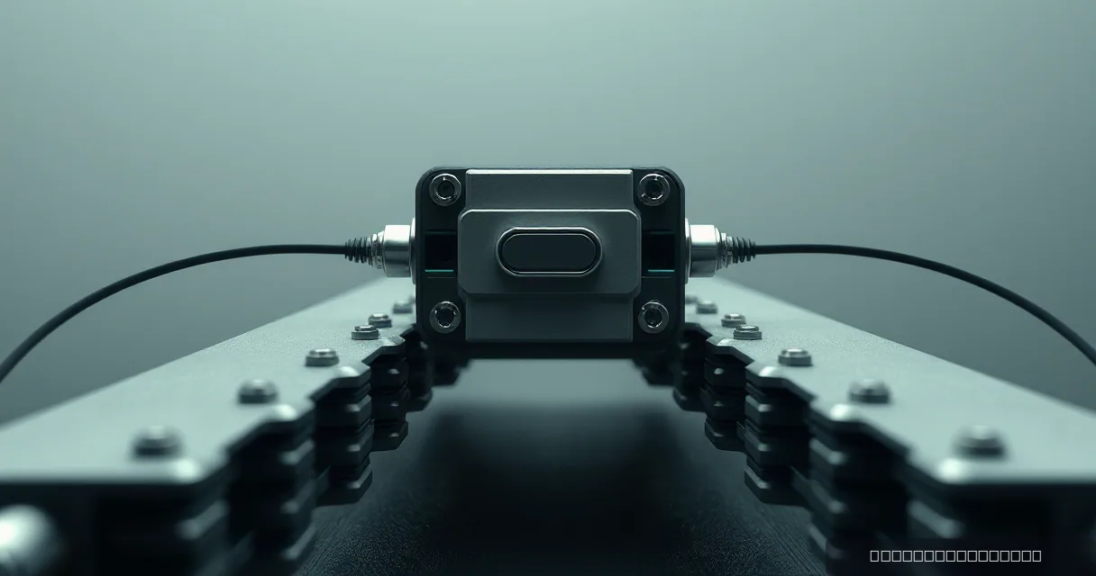 A close-up cinematic shot of a metallic relay device integrated into a bridge of brushed metal plates and cables, symbolizing the transition to structured governance.