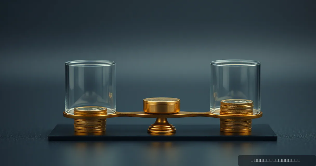 A cinematic editorial shot of a balanced brass scale with gold-toned weights resting on a dark base. Two clear glass cylinders sit atop the scales' ends, symbolizing structured settlement channels in a financial market.