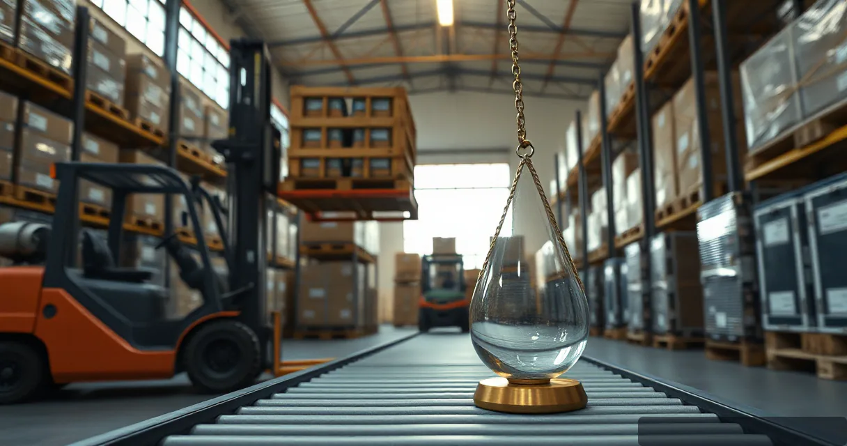 A cinematic wide shot of a high-tech industrial warehouse where a large orange forklift moves crates near a conveyor belt. In the foreground, a delicate glass and brass scale sits on the moving belt, symbolizing the balance between physical manufacturing and digital asset settlement.