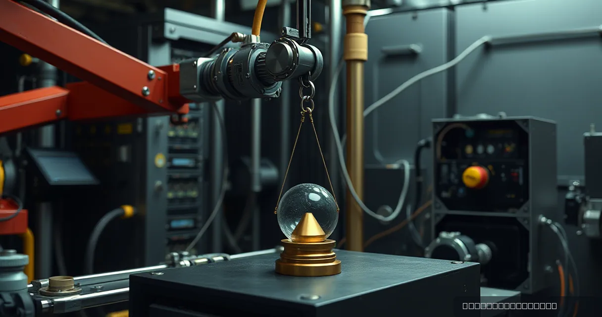 A cinematic close-up of a precision industrial scale. A clear glass sphere sits atop a heavy, polished brass base on a dark metal platform, suspended by a mechanical arm and cables in a high-tech manufacturing environment.