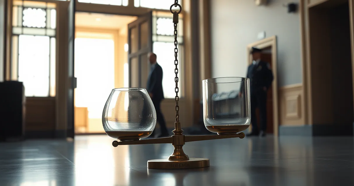 A cinematic close-up of a balanced brass scale with two glass vessels in an elegant hall, symbolizing stablecoin settlement and regulatory balance.