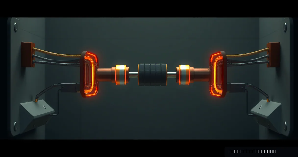 A cinematic close-up of a heavy industrial relay mechanism with glowing orange accents connecting two metallic ports in a dimly lit gray corridor, symbolizing a secure barrier.