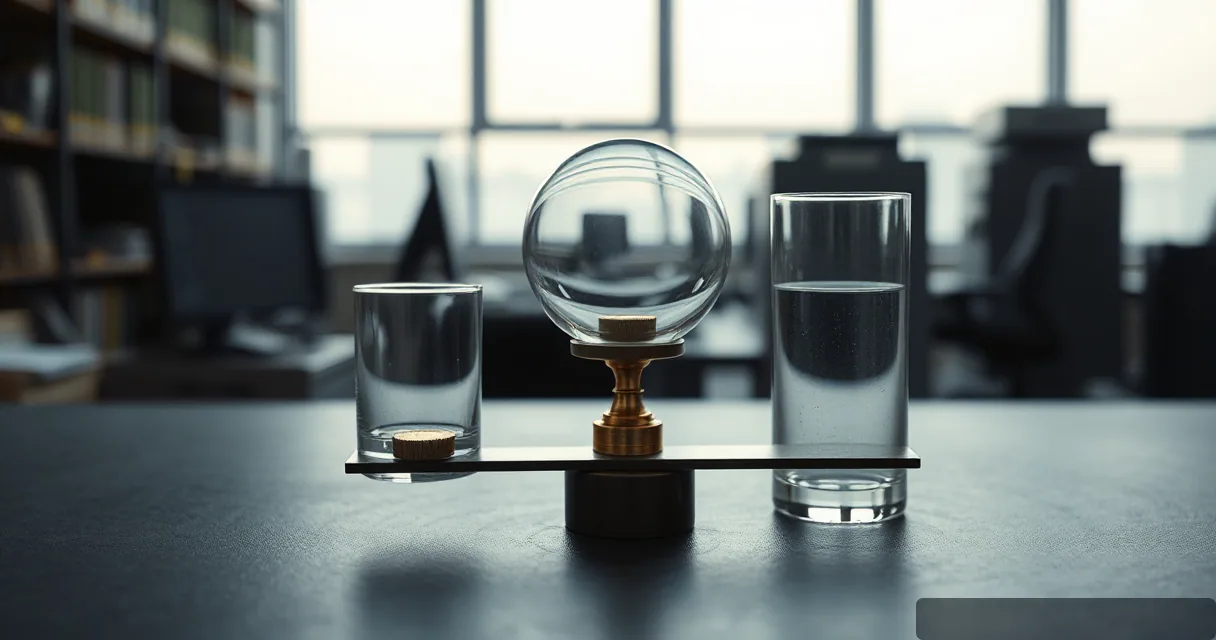 A cinematic close-up of a balanced brass scale mechanism featuring two glass cylinders and a central spherical weight on a dark surface, set against a blurred architectural background with soft natural light.