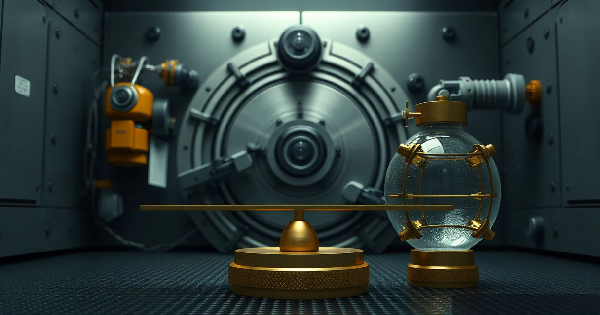A golden balance scale sits in front of a massive circular vault door. One side holds a glass vessel filled with shimmering particles, while the other side is weighted by a solid gold base, set against a backdrop of industrial machinery and metallic panels.