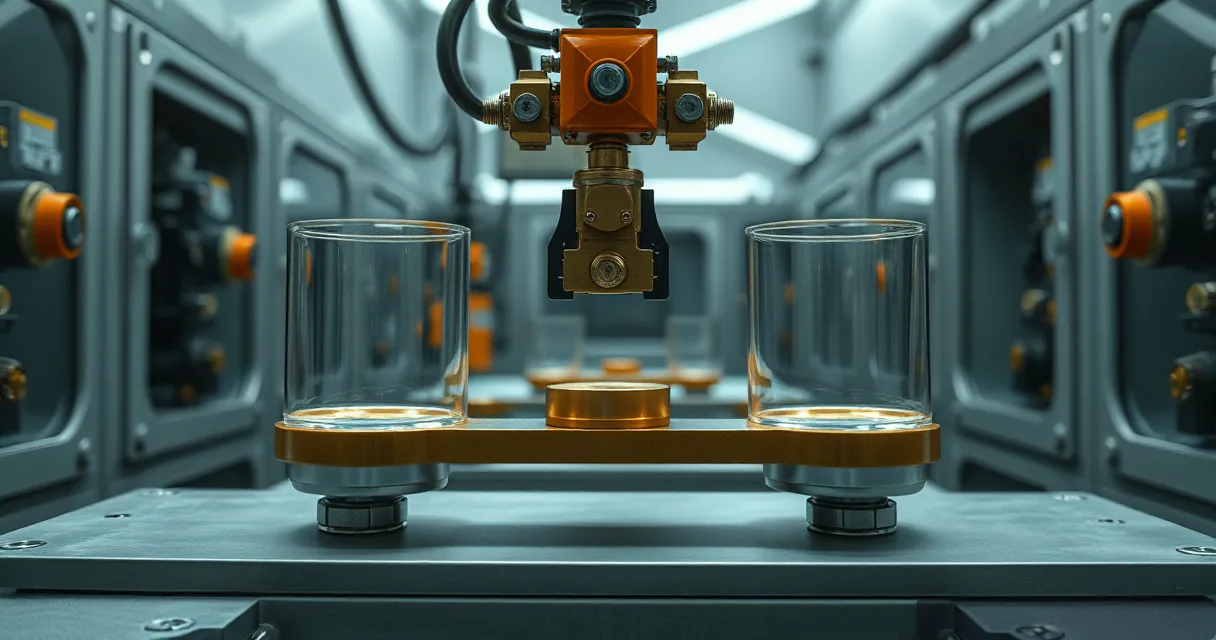 A cinematic close-up of a precision industrial mechanism where a heavy brass balance sits between two glass cylinders. A mechanical arm with orange accents hangs above the center, suggesting an automated process in a high-tech manufacturing environment.