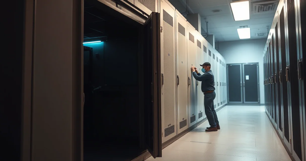 A technician in a cap and work clothes stands in a long corridor of server racks, reaching out to touch one of the metal cabinets. A large open door in the foreground reveals a dark interior with a faint cyan light.