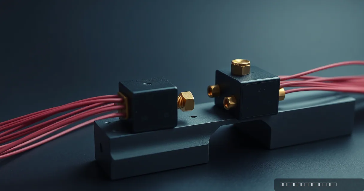 Two matte black metal blocks connected by a bridge, with red fiber optic cables transitioning between them through gold-toned connectors in a dimly lit studio setting.