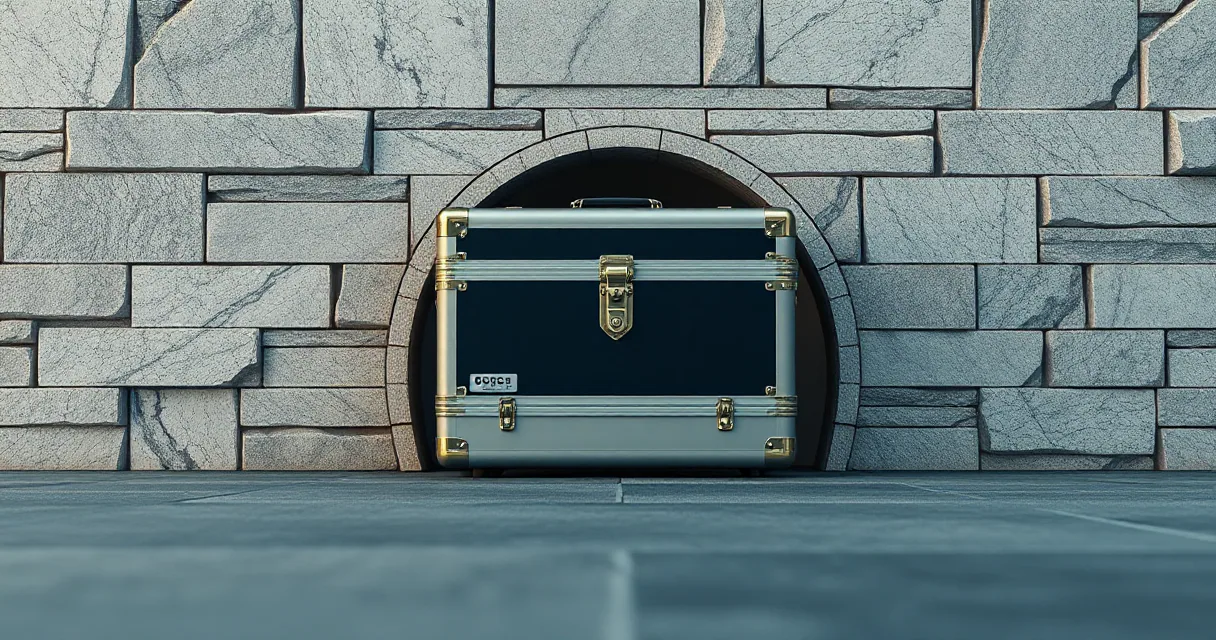 A heavy metal storage case sits centered within a stone archway, symbolizing the secure transition of assets through regulatory boundaries.