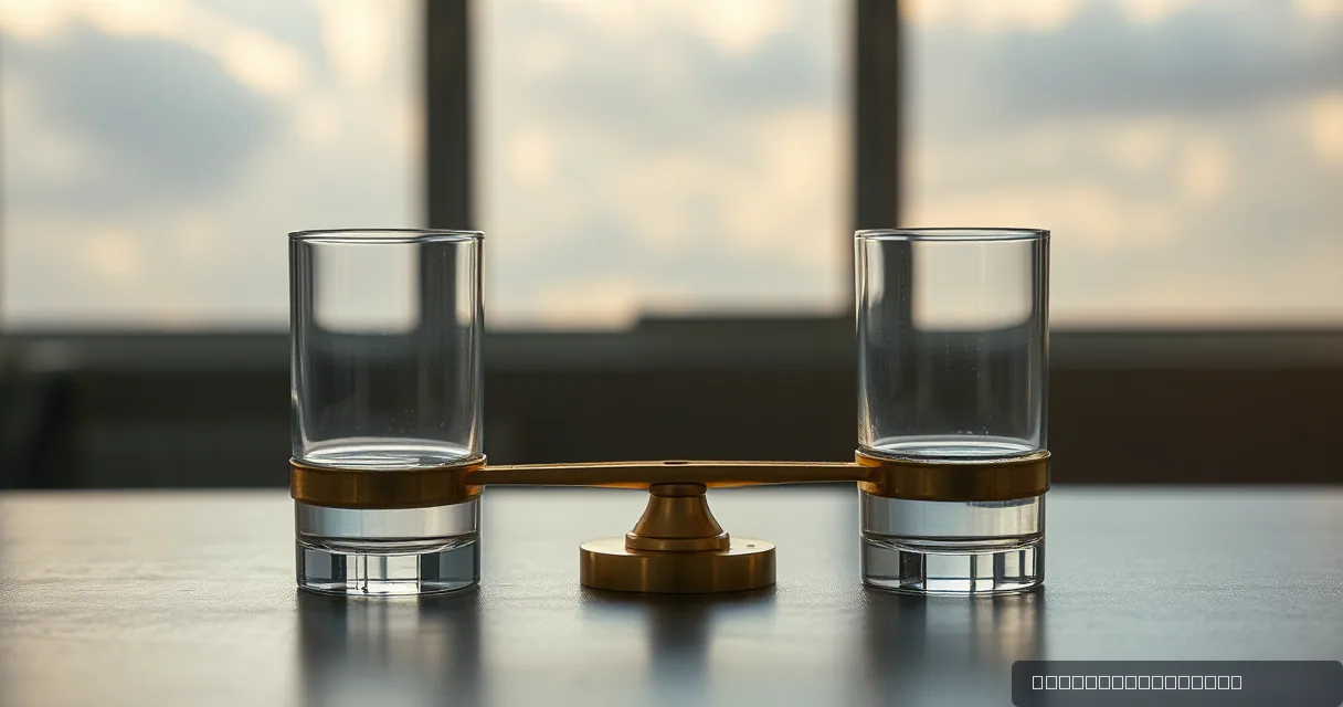 A balanced brass beam scale with two clear glass cylinders on each side sits on a dark surface against a blurred window background during golden hour.